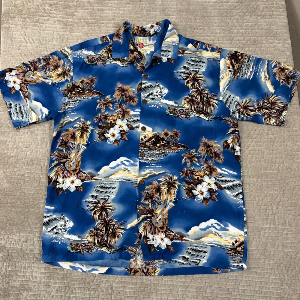 Vtg‎ Hilo Hattie Blue Tropical Scenic Rayon Hawaiian Aloha Shirt L Made in USA